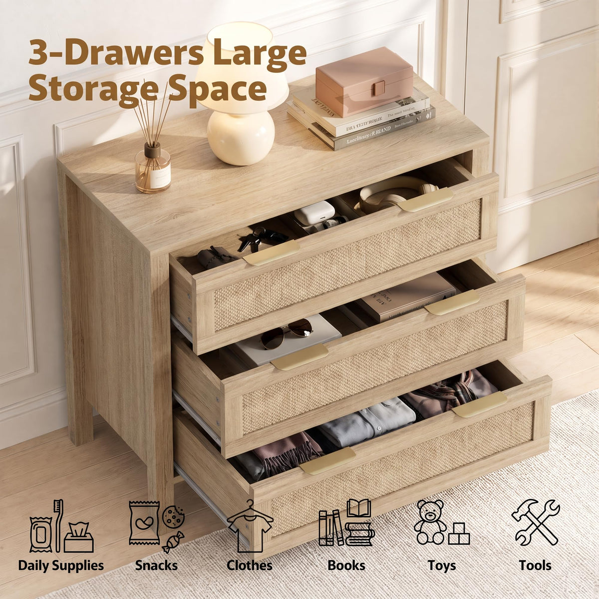 LOUVIXA Rattan Chest of Dressers, Wooden Drawer Dresser, 9 Drawers Rattan Dresser for Bedroom, Living Room, Hallway (Black, 9 Drawers)