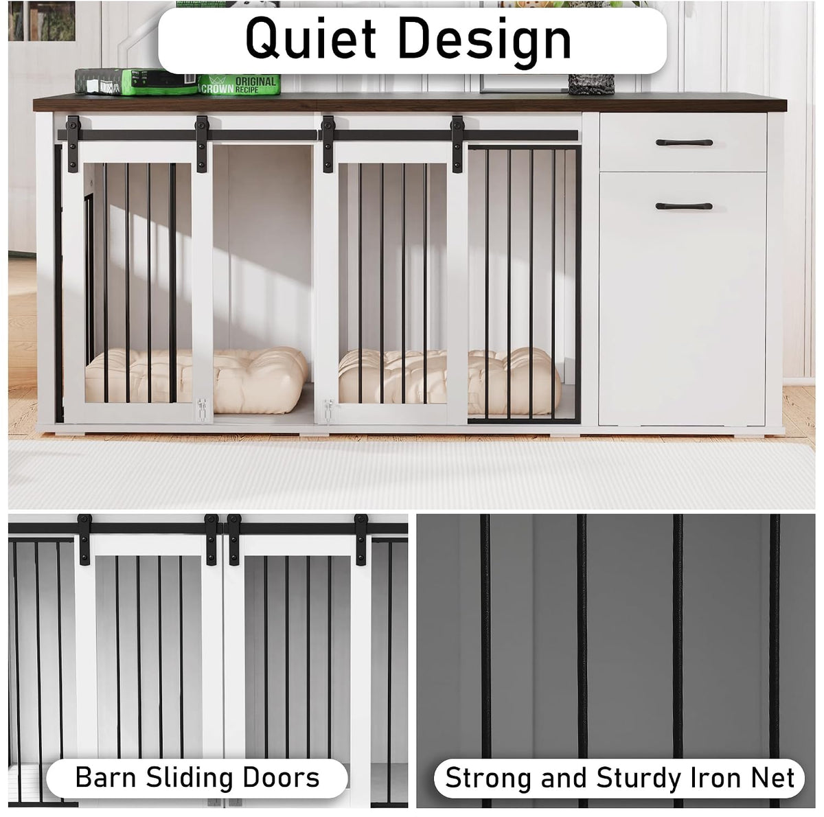 71" Large Dog Crate Furniture for 2 Dogs, Wooden Dog Kennel with Drawer, Furniture Style Dog Crates, Decorative Dog Crate with Tilt Out Trash Cabinet, Divider and Sliding Barn Door (White)