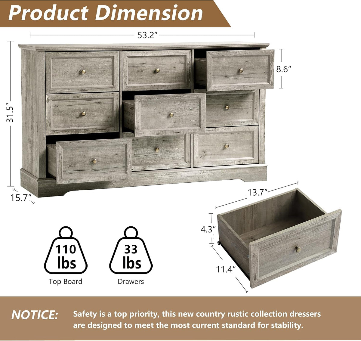 LOUVIXA Farmhouse Bedroom Sets of 3, Including 9 Drawer Dresser, Nightstand Set of 2 with Charging Station (Grey Sets)