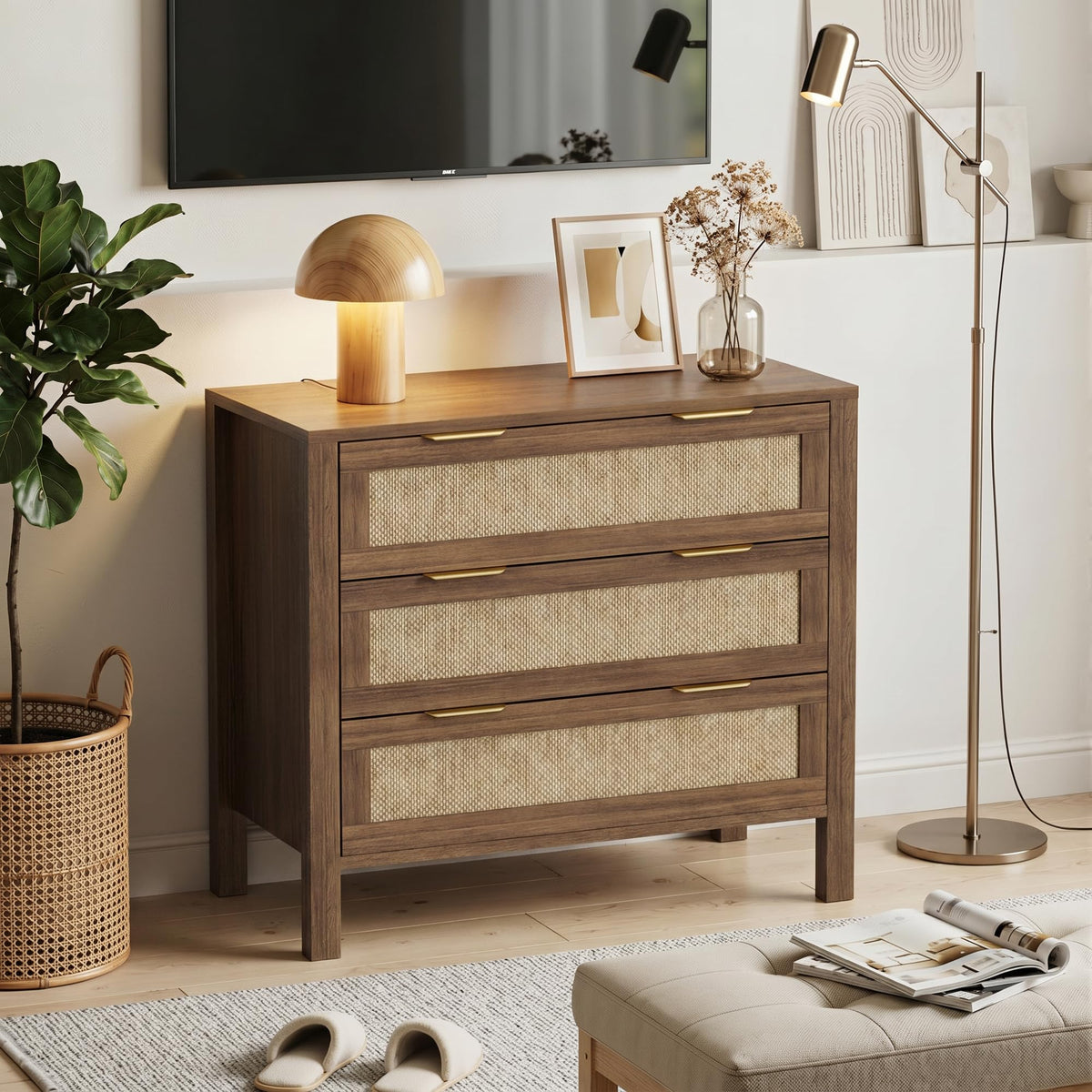 LOUVIXA Rattan Chest of Dressers, Wooden Drawer Dresser, 9 Drawers Rattan Dresser for Bedroom, Living Room, Hallway (Black, 9 Drawers)