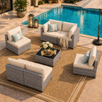 LOUVIXA 7 Piece Outdoor Patio Furniture Set, Rattan Chairs Glass Table Wicker Conversation Seating Sectional Sofa with Cushions (Brown-Camel, 7Pcs-2 Layer Coffee Table)
