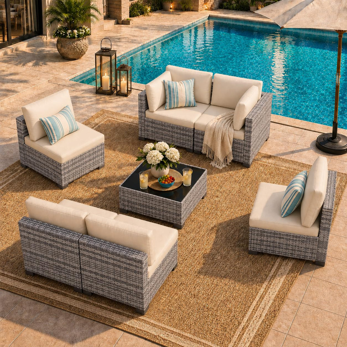 LOUVIXA 7 Piece Outdoor Patio Furniture Set, Rattan Chairs Glass Table Wicker Conversation Seating Sectional Sofa with Cushions (Brown-Camel, 7Pcs-2 Layer Coffee Table)