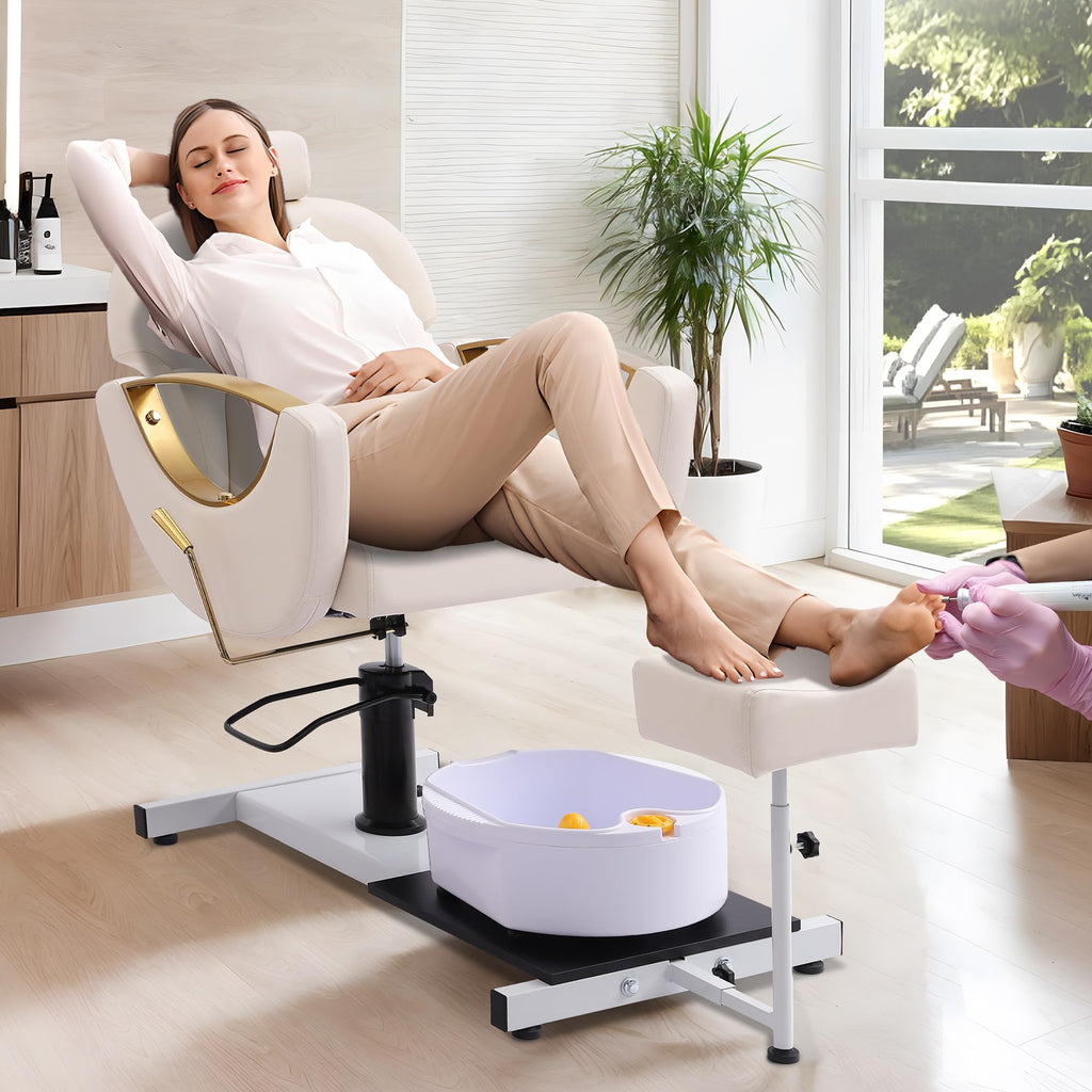 LOUVIXA Pedicure Station No Plumbing, Hydraulic Pedicure Chair for Nail Tech, Height Adjustable Reclining Pedicure Station Unit, with Massage Foot Bath (Cream White-Pillow)