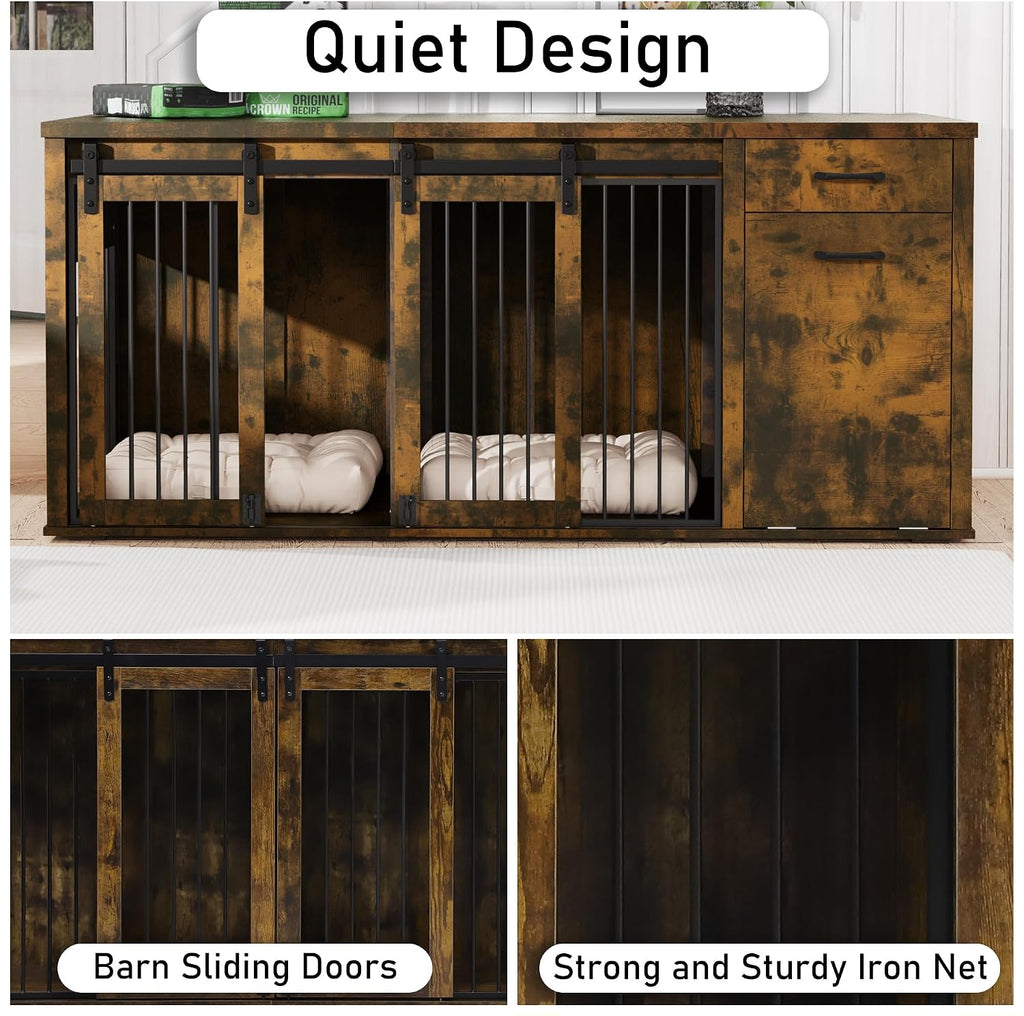 71" Large Dog Crate Furniture for 2 Dogs, Wood Dog Kennel with Drawer, Furniture Style Dog Crates, Decorative Dog Crate with Tilt Out Trash Cabinet, Divider and Sliding Barn Door (Retro Bright Brown)