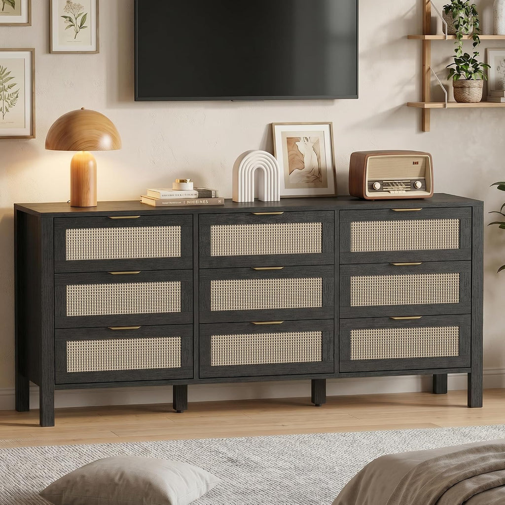 LOUVIXA Rattan Chest of Dressers, Wooden Drawer Dresser, 9 Drawers Rattan Dresser for Bedroom, Living Room, Hallway (Black, 9 Drawers)