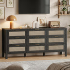 LOUVIXA Rattan Chest of Dressers, Wooden Drawer Dresser, 9 Drawers Rattan Dresser for Bedroom, Living Room, Hallway (Black, 9 Drawers)