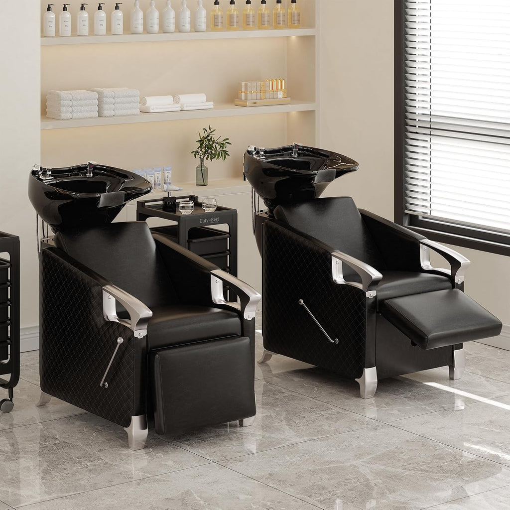 LOUVIXA Shampoo Stations for Salons, Shampoo Bowl and Chair with Tilting Porcelain Bowl and Adjustable Footrest, Black