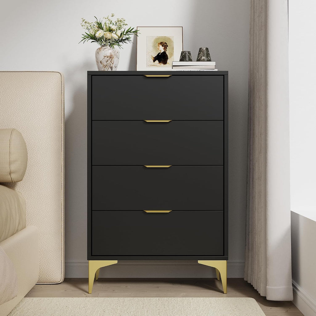 LOUVIXA Dresser for Bedroom with 4 Drawers, Wood Chest of Drawers, Dresser Storage Cabinet, 4 Drawer Dressers for Bedroom, Living Room, Entryway, Cloakroom (Black)