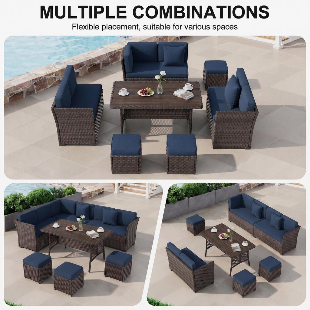 LOUVIXA 7 Pieces Patio Furniture Set, Outdoor Patio Furniture, Wicker Conversation Set with Dining Table, Chairs and Ottoman (6237 Grey-Brown)
