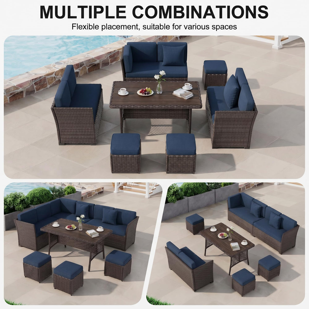 LOUVIXA 7 Pieces Patio Furniture Set, Outdoor Patio Furniture, Wicker Conversation Set with Dining Table, Chairs and Ottoman (6237 Grey-Brown)