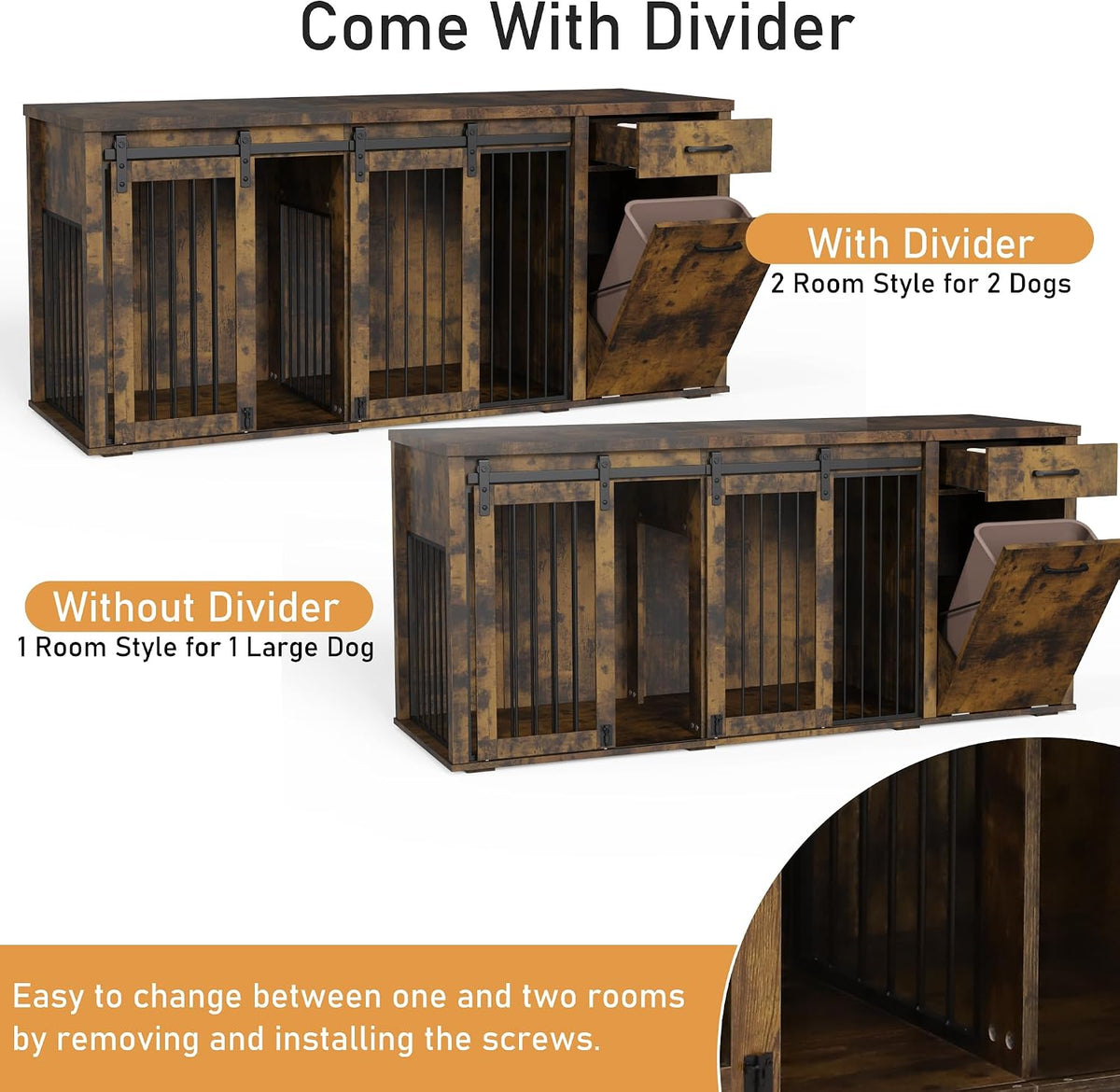 71" Large Dog Crate Furniture for 2 Dogs, Wood Dog Kennel with Drawer, Furniture Style Dog Crates, Decorative Dog Crate with Tilt Out Trash Cabinet, Divider and Sliding Barn Door (Retro Bright Brown)