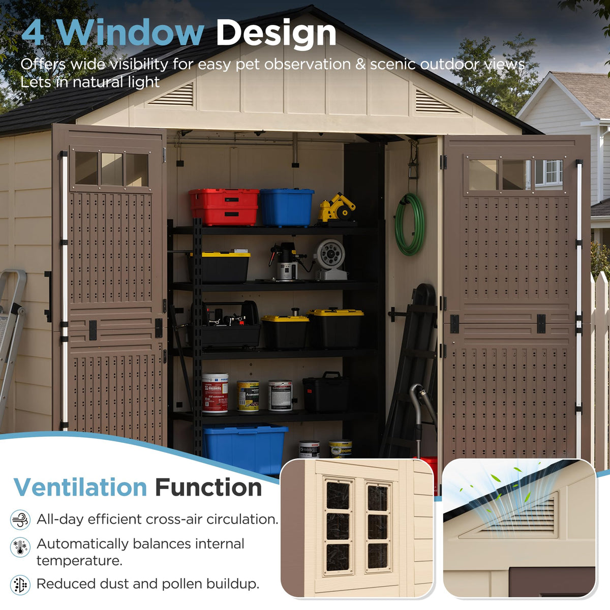8x6 Resin Shed with Floor, Plastic Storage Shed with Window, Outside Storage Sheds with Lockable Door, Vents for Backyard, Garden, Lawn (8FTx6FT)