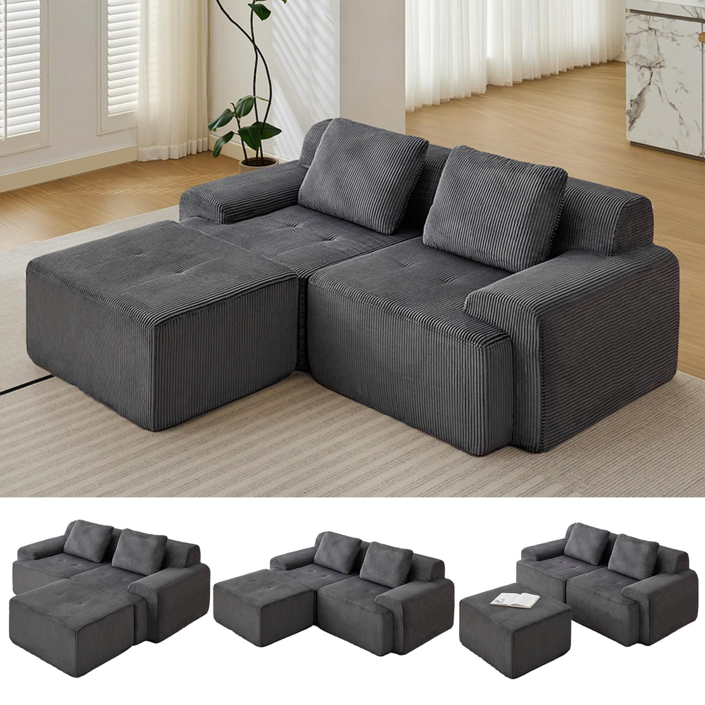 Modular Sectional Sofa, Boneless Couches for Living Room, Corduroy Couch, Big Comfy Couch, Modular Cloud Sofa with Deep Seat (Grey, 2 Pieces-Loveseat)