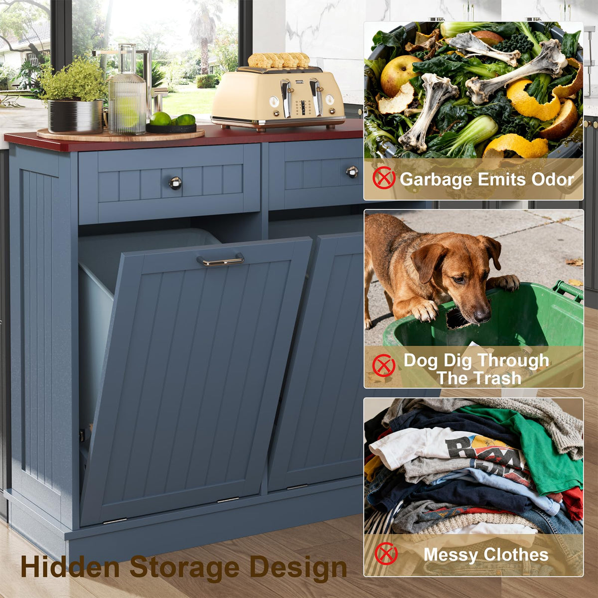 LOUVIXA Tilt Out Trash Can Cabinet Dog Proof with Double Wood Hidden Trash Can Holder, Kitchen Free Standing Recycling Cabinet（Black）