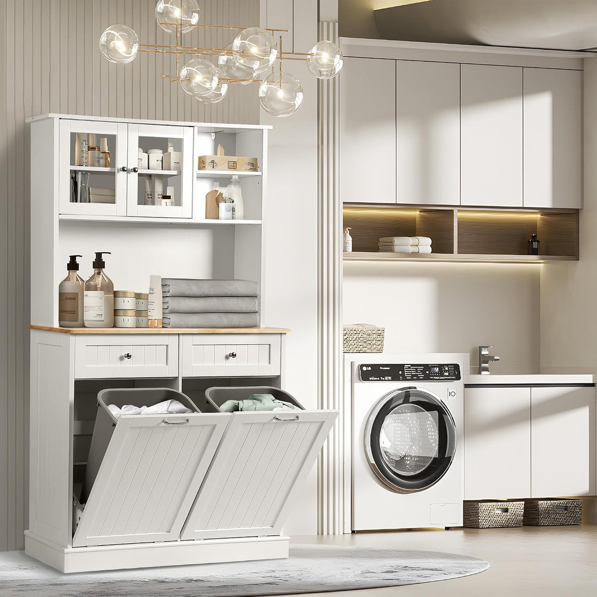 LOUVIXA 68.4" Kitchen Pantry Storage Cabinet, Freestanding Cupboard with Shelf, 2 Drawers and 1 Tilt Out Trash Cabinet, Tall Cabinets for Kitchen, Dinning Room, Living Room (White, Double Tilt)