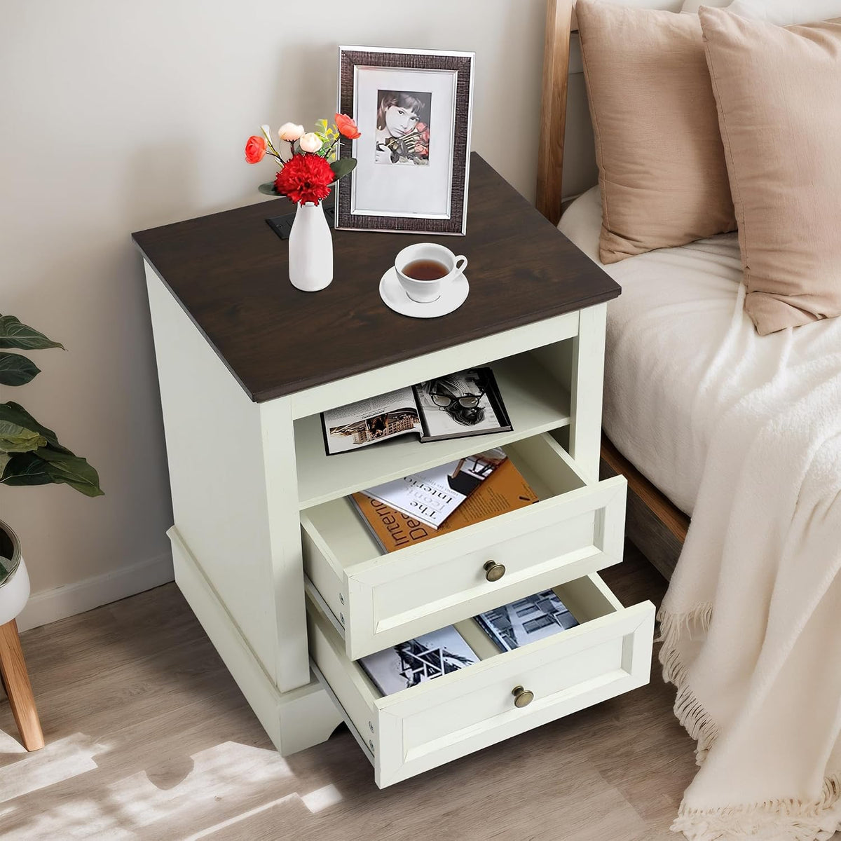 LOUVIXA Nightstand with Charging Station, Farmhouse Night Stand with 2 Drawers, Bedside Cabinet for Bedroom, End Table Side Table with Storage (1, White)