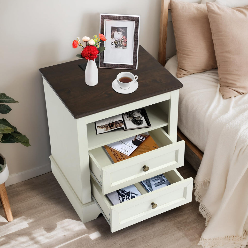 LOUVIXA Nightstand with Charging Station, Farmhouse Night Stand with 2 Drawers, Bedside Cabinet for Bedroom, End Table Side Table with Storage (1, White)