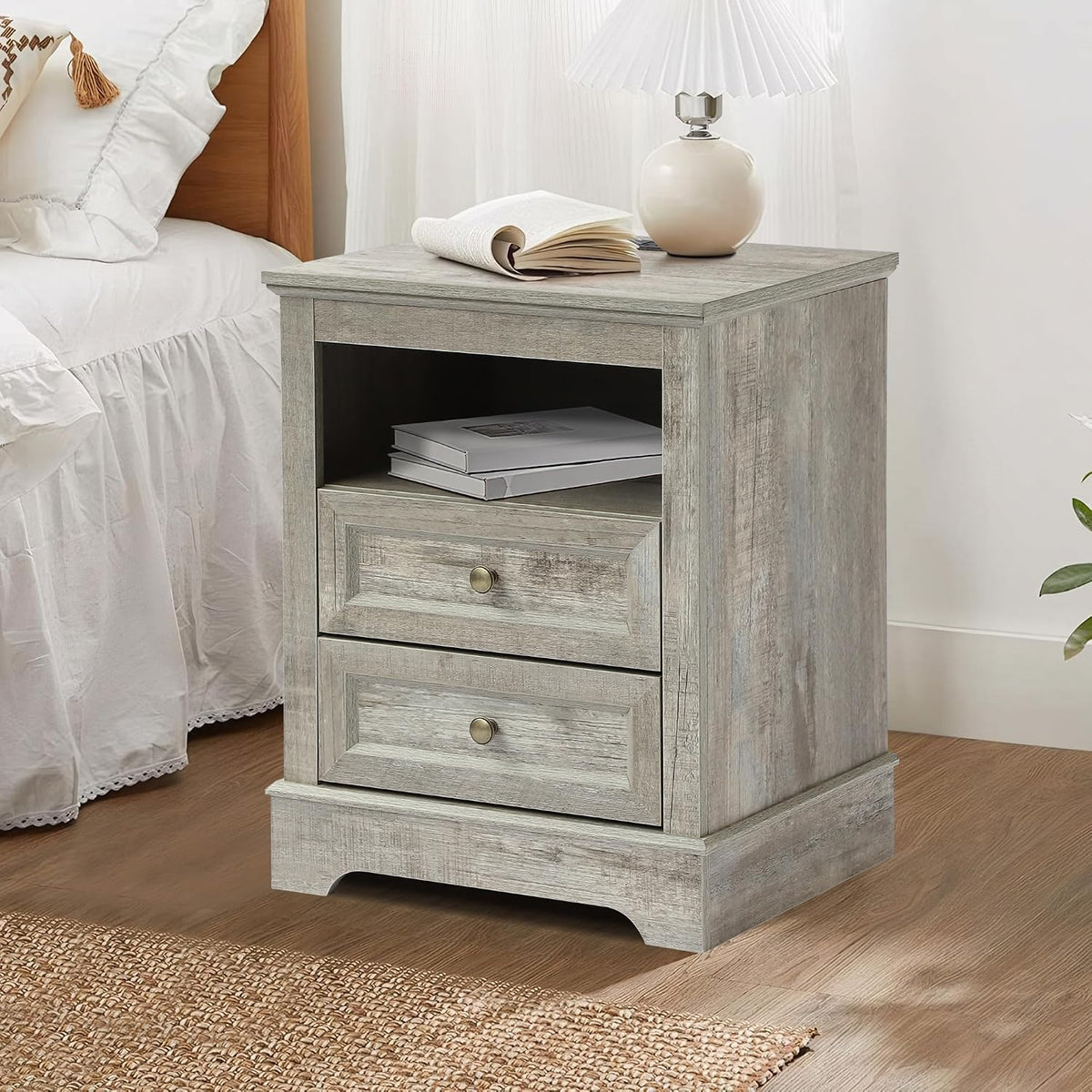 LOUVIXA Farmhouse Bedroom Sets of 3, 3Pcs Farmhouse Dresser Set, Including 5 Drawer Dressers and Nightstand Set of 2 with Charging Station (Grey Sets