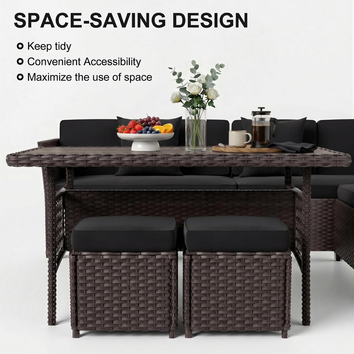 LOUVIXA 7 Pieces Patio Furniture Set, Outdoor Patio Furniture, Wicker Conversation Set with Dining Table, Chairs and Ottoman (6237 Grey-Brown)