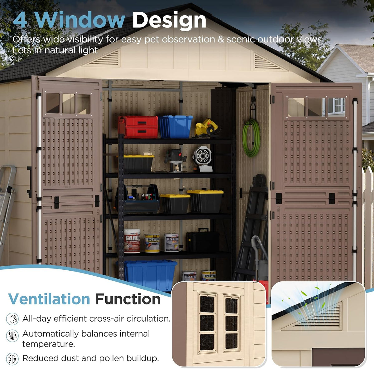 8x6 Resin Shed with Floor, Plastic Storage Shed with Window, Outside Storage Sheds with Lockable Door, Vents for Backyard, Garden, Lawn (8FTx6FT)