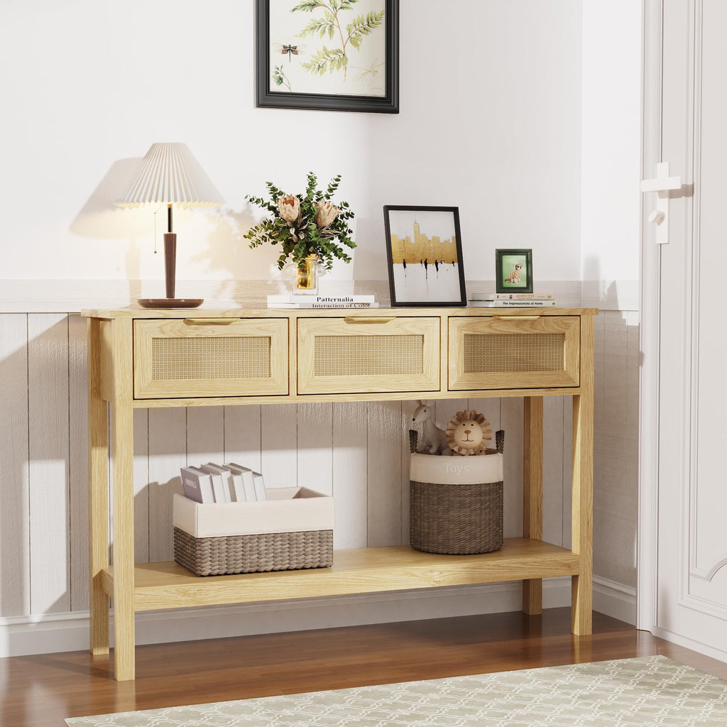 LOUVIXA Boho Entryway Table, Rattan Console Table, Wood Entryway Console, Long Hallway Table with 3 Drawers & Open Shelf for Living Room, Hallway, Corridor, Foyer (White)