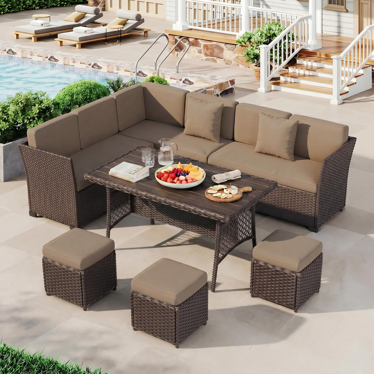 LOUVIXA 7 Pieces Patio Furniture Set, Outdoor Patio Furniture, Wicker Conversation Set with Dining Table, Chairs and Ottoman (6237 Grey-Brown)
