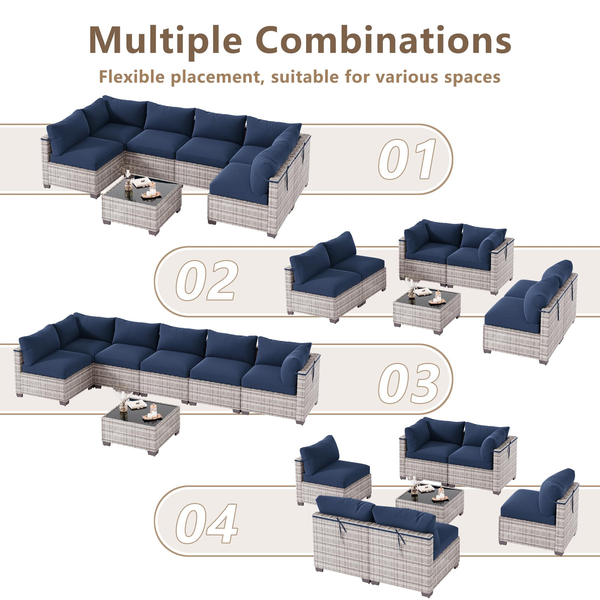 LOUVIXA 7 Piece Outdoor Patio Furniture Set, Rattan Chairs Glass Table Wicker Conversation Seating Sectional Sofa with Cushions (Brown-Camel, 7Pcs-2 Layer Coffee Table)