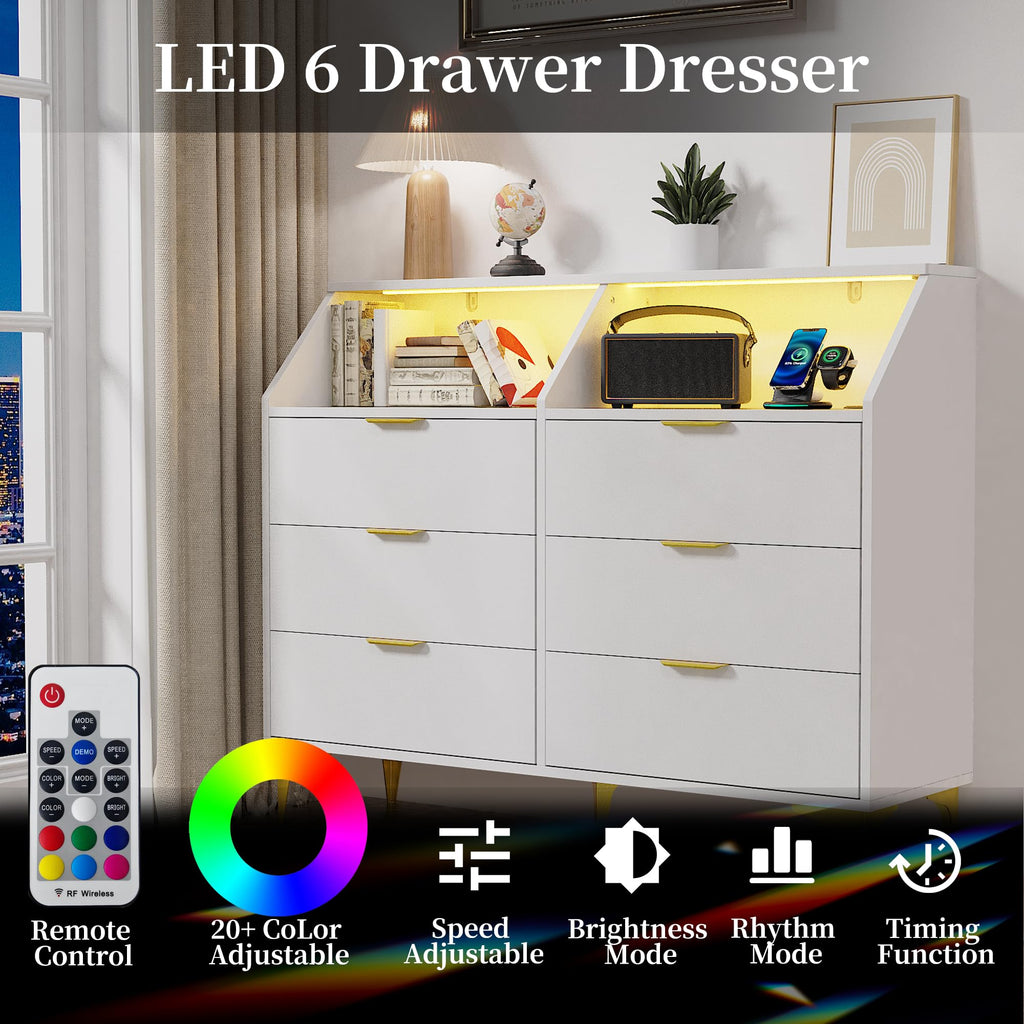 LOUVIXA 6 Drawer Dresser with LED Light, Chest of Drawers with Charging Station, Large Double Dressers, Wooden Dressers for Bedroom, Living Room, Entryway, Hallway (Blue)