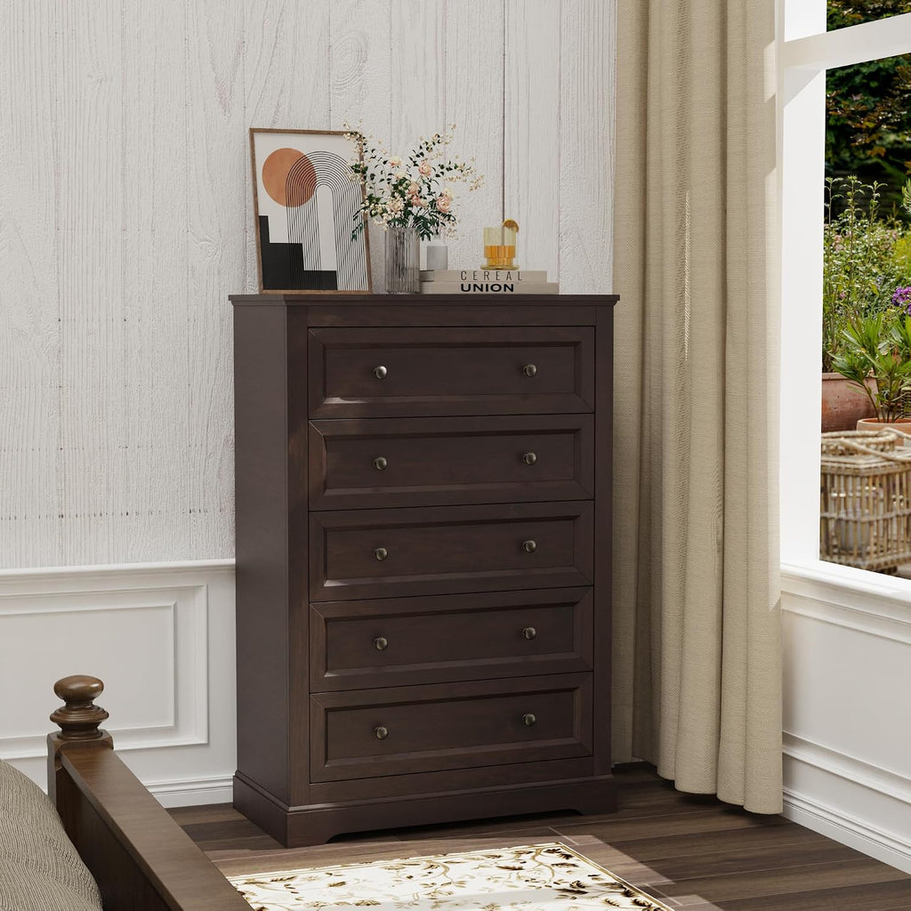 LOUVIXA Farmhouse Bedroom Sets of 4, Including 9 Drawer Dresser, 5 Drawer Dressers and Nightstand Set of 2 with Charging Station (Brown Sets, 4 Pieces)