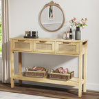 LOUVIXA Boho Entryway Table, Rattan Console Table, Wood Entryway Console, Long Hallway Table with 3 Drawers & Open Shelf for Living Room, Hallway, Corridor, Foyer (White)