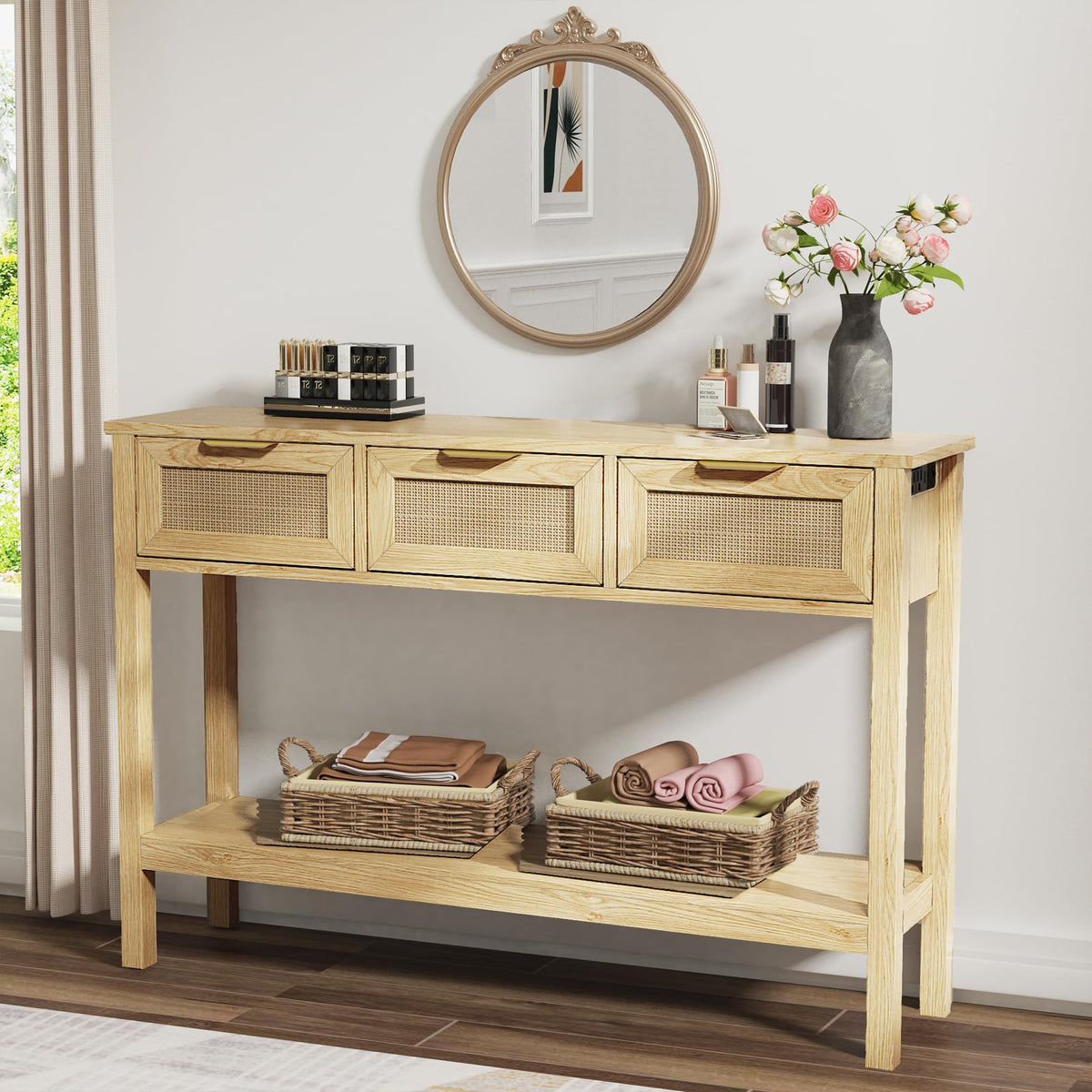 LOUVIXA Boho Entryway Table, Rattan Console Table, Wood Entryway Console, Long Hallway Table with 3 Drawers & Open Shelf for Living Room, Hallway, Corridor, Foyer (White)