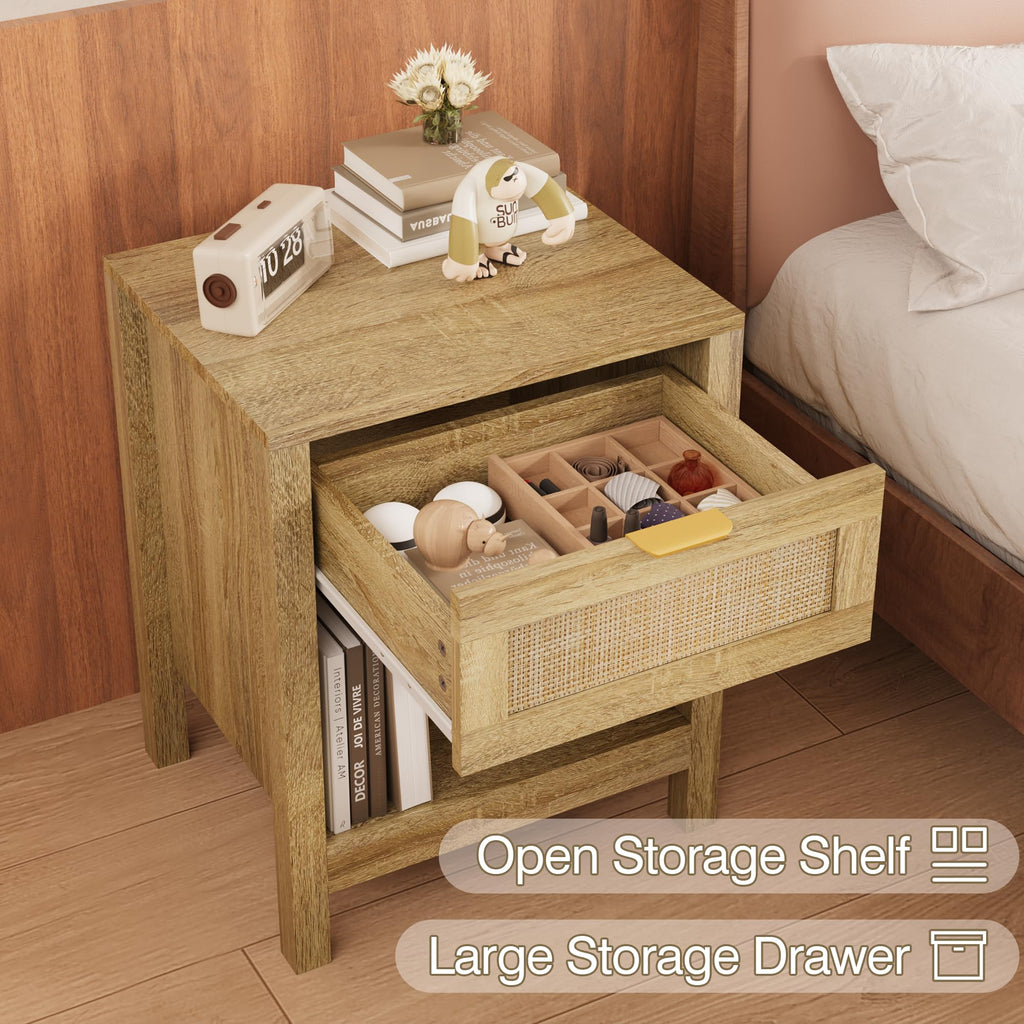 LOUVIXA Rattan Nightstand Set of 2, Boho Bed Side Tables, Nightstand with Drawer and Storage Shelf, Rattan End Tables for Living Room, Bedroom, Small Space