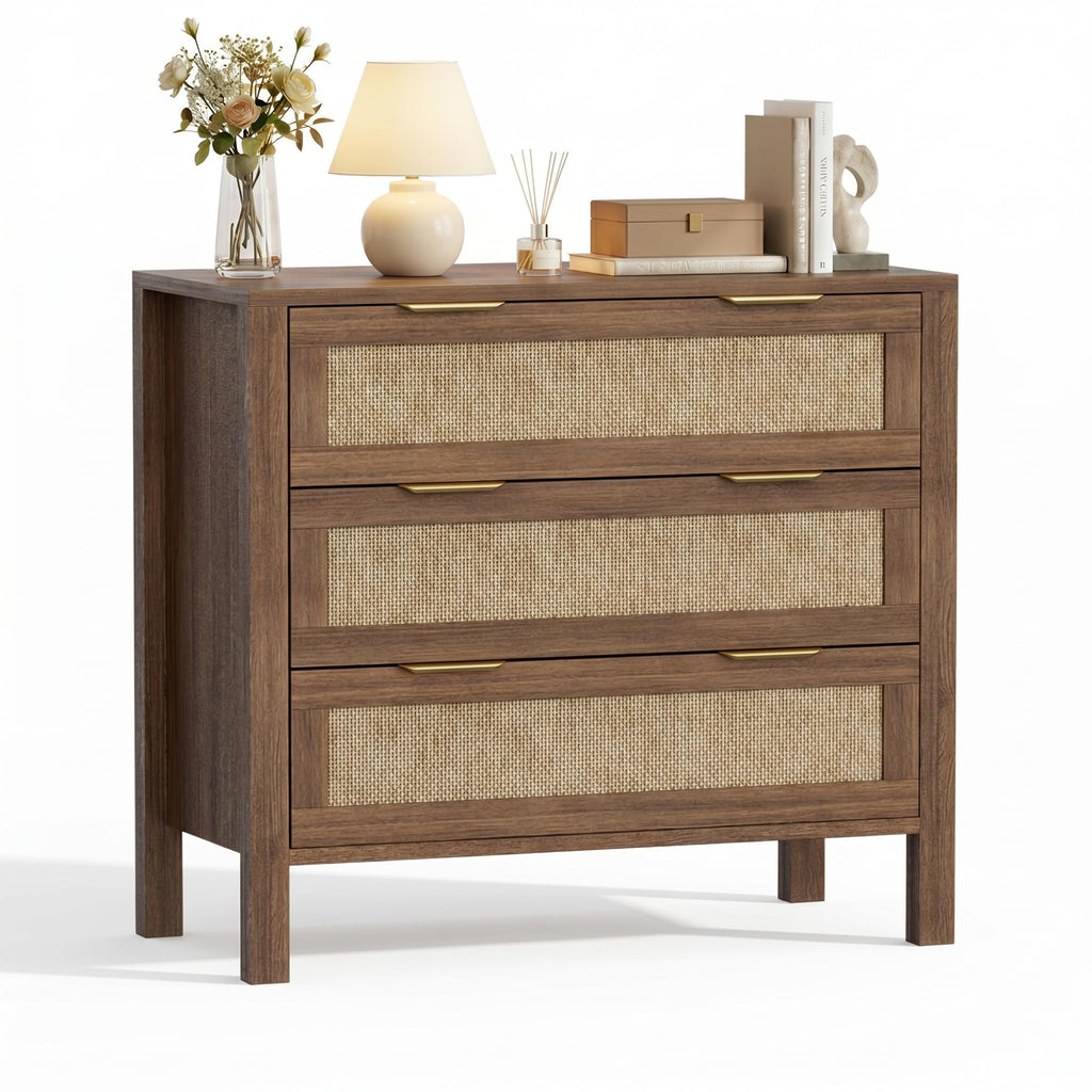 LOUVIXA Rattan Chest of Dressers, Wooden Drawer Dresser, 9 Drawers Rattan Dresser for Bedroom, Living Room, Hallway (Black, 9 Drawers)