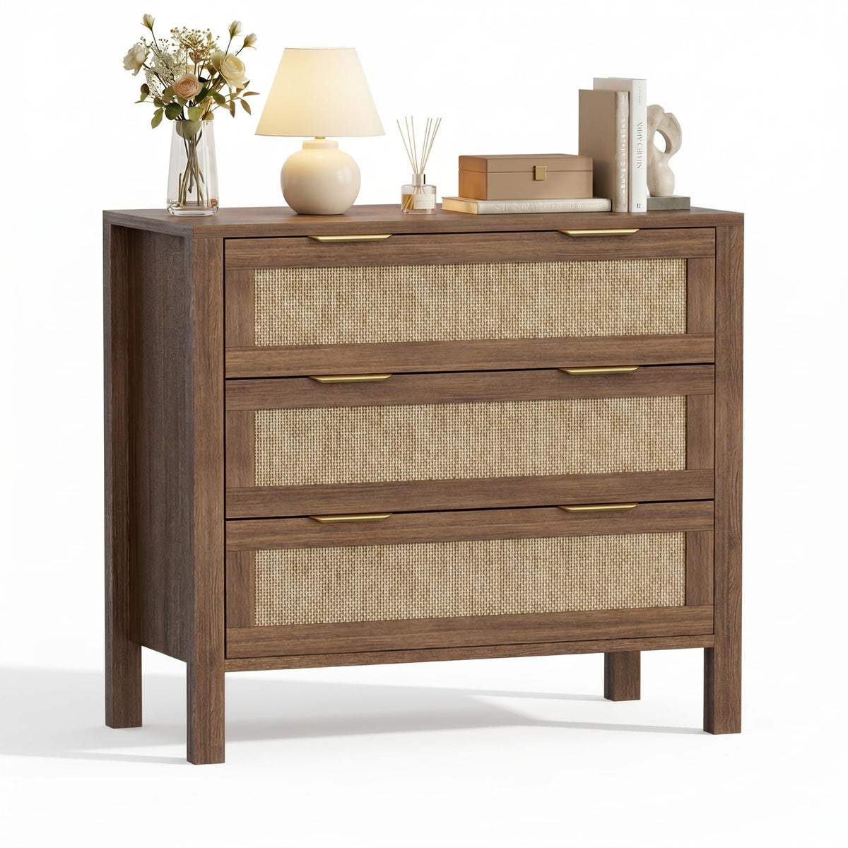 LOUVIXA Rattan Chest of Dressers, Wooden Drawer Dresser, 9 Drawers Rattan Dresser for Bedroom, Living Room, Hallway (Black, 9 Drawers)
