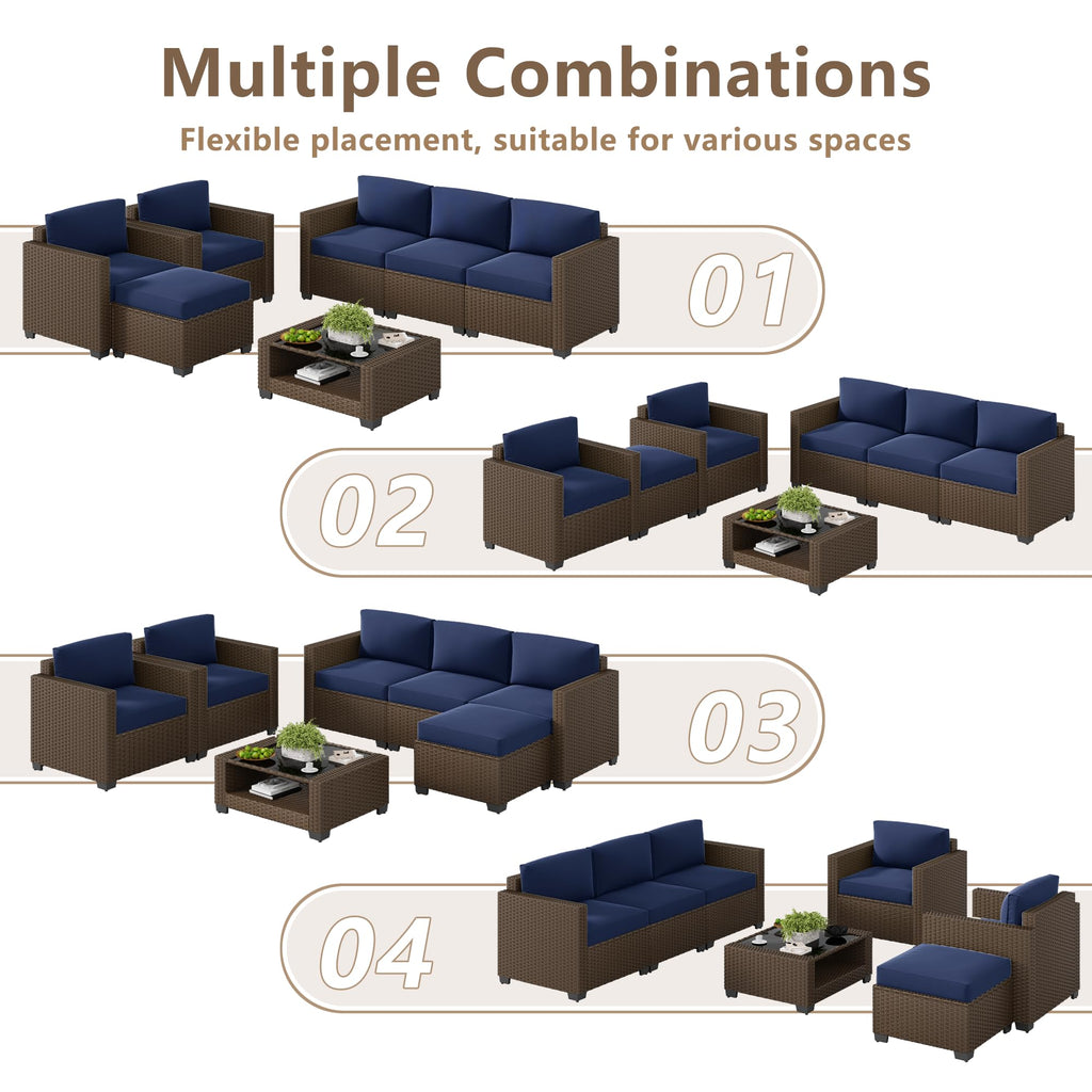 LOUVIXA 7 Piece Outdoor Patio Furniture Set, Rattan Chairs Glass Table Wicker Conversation Seating Sectional Sofa with Cushions (Brown-Camel, 7Pcs-2 Layer Coffee Table)