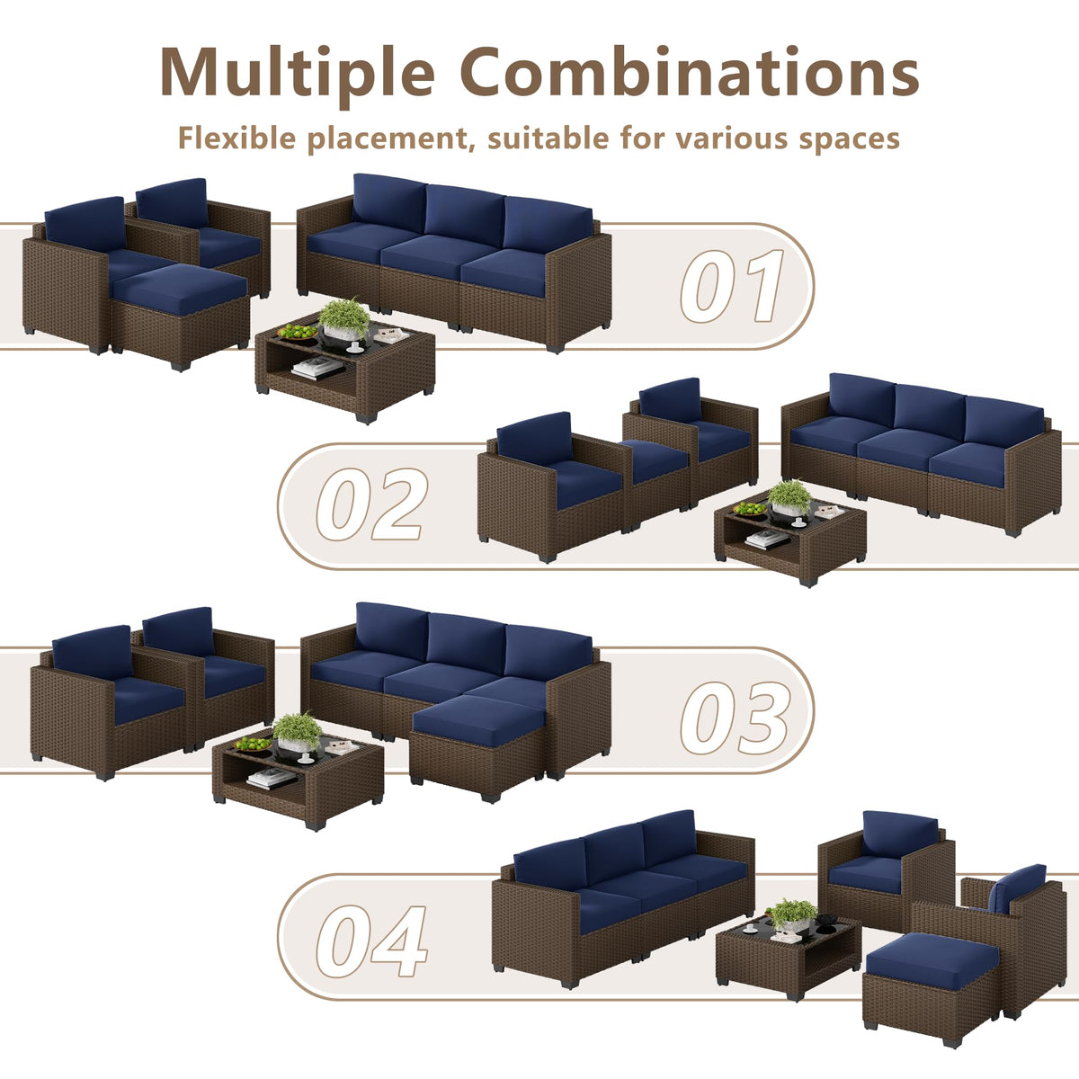 LOUVIXA 7 Piece Outdoor Patio Furniture Set, Rattan Chairs Glass Table Wicker Conversation Seating Sectional Sofa with Cushions (Brown-Camel, 7Pcs-2 Layer Coffee Table)