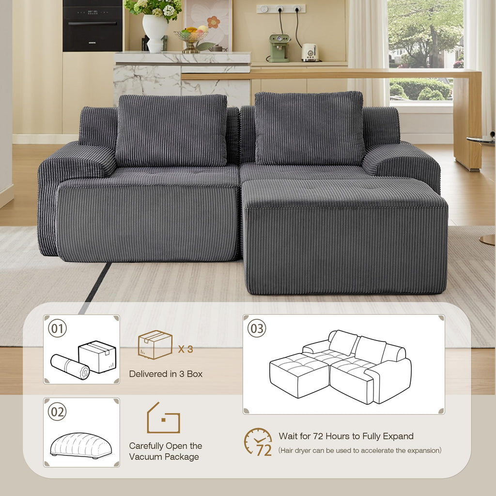 Modular Sectional Sofa, Boneless Couches for Living Room, Corduroy Couch, Big Comfy Couch, Modular Cloud Sofa with Deep Seat (Grey, 2 Pieces-Loveseat)