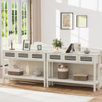 LOUVIXA Boho Entryway Table, Rattan Console Table, Wood Entryway Console, Long Hallway Table with 3 Drawers & Open Shelf for Living Room, Hallway, Corridor, Foyer (White)
