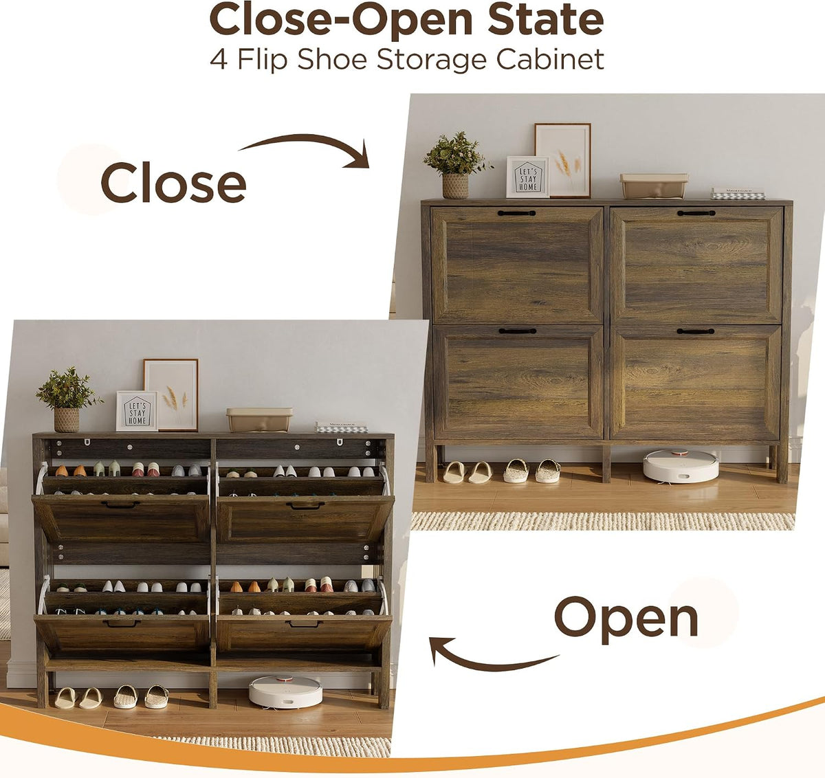 LOUVIXA Shoe Cabinet with 4 Flip Drawers, Narrow Shoe Storage Cabinet, Freestanding Shoe Cabinet Organizer, Hidden Shoe Rack Cabinet for Entryway, Hallway (4-Drawers, Brown/4-drawers)