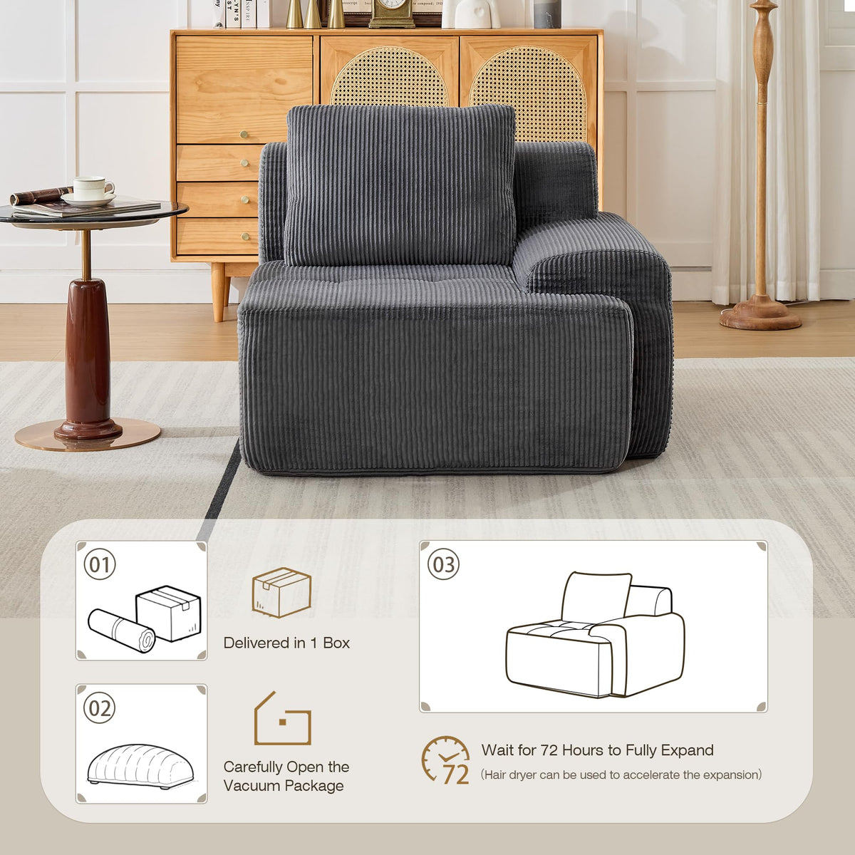 Modular Sectional Sofa, Boneless Couches for Living Room, Corduroy Couch, Big Comfy Couch, Modular Cloud Sofa with Deep Seat (Grey, 2 Pieces-Loveseat)