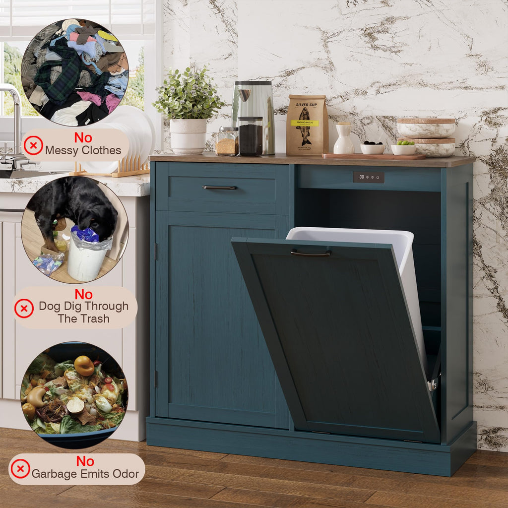 LOUVIXA Double Tilt Out Trash Cabinet, Kitchen Island with Trash Storage, Trashcan Cabinet for Kitchens, Wood Cabinet with Trash Can Pull Out, Dog Proof Trash Can (Off White, 20 Gal)
