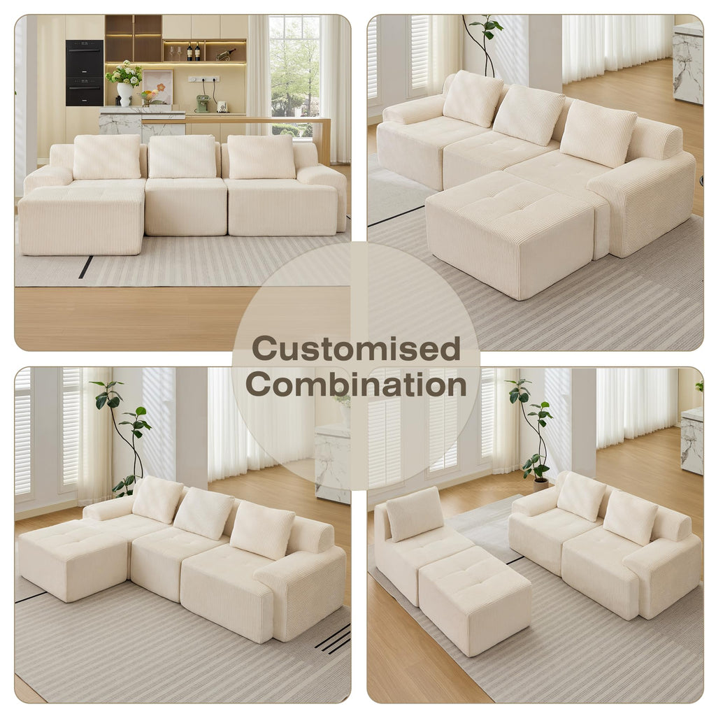 Modular Sectional Sofa, Boneless Couches for Living Room, Corduroy Couch, Big Comfy Couch, Modular Cloud Sofa with Deep Seat (Grey, 2 Pieces-Loveseat)