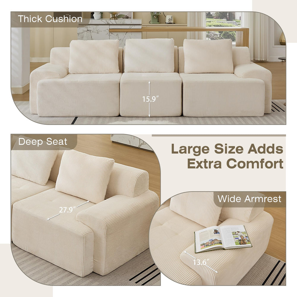 Modular Sectional Sofa, Boneless Couches for Living Room, Corduroy Couch, Big Comfy Couch, Modular Cloud Sofa with Deep Seat (Grey, 2 Pieces-Loveseat)