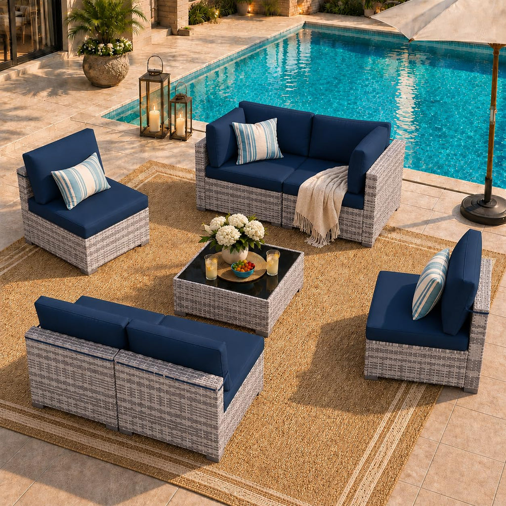 LOUVIXA 7 Piece Outdoor Patio Furniture Set, Rattan Chairs Glass Table Wicker Conversation Seating Sectional Sofa with Cushions (Brown-Camel, 7Pcs-2 Layer Coffee Table)