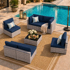 LOUVIXA 7 Piece Outdoor Patio Furniture Set, Rattan Chairs Glass Table Wicker Conversation Seating Sectional Sofa with Cushions (Brown-Camel, 7Pcs-2 Layer Coffee Table)