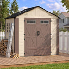 8x6 Resin Shed with Floor, Plastic Storage Shed with Window, Outside Storage Sheds with Lockable Door, Vents for Backyard, Garden, Lawn (8FTx6FT)