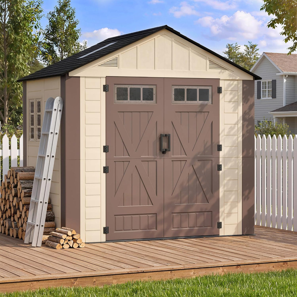 8x6 Resin Shed with Floor, Plastic Storage Shed with Window, Outside Storage Sheds with Lockable Door, Vents for Backyard, Garden, Lawn (8FTx6FT)