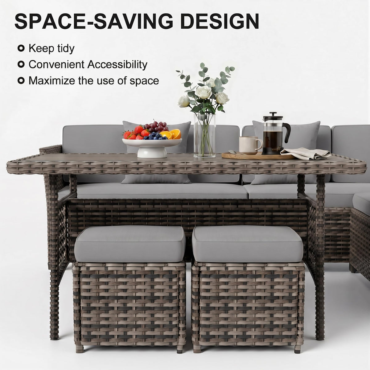 LOUVIXA 7 Pieces Patio Furniture Set, Outdoor Patio Furniture, Wicker Conversation Set with Dining Table, Chairs and Ottoman (6237 Grey-Brown)