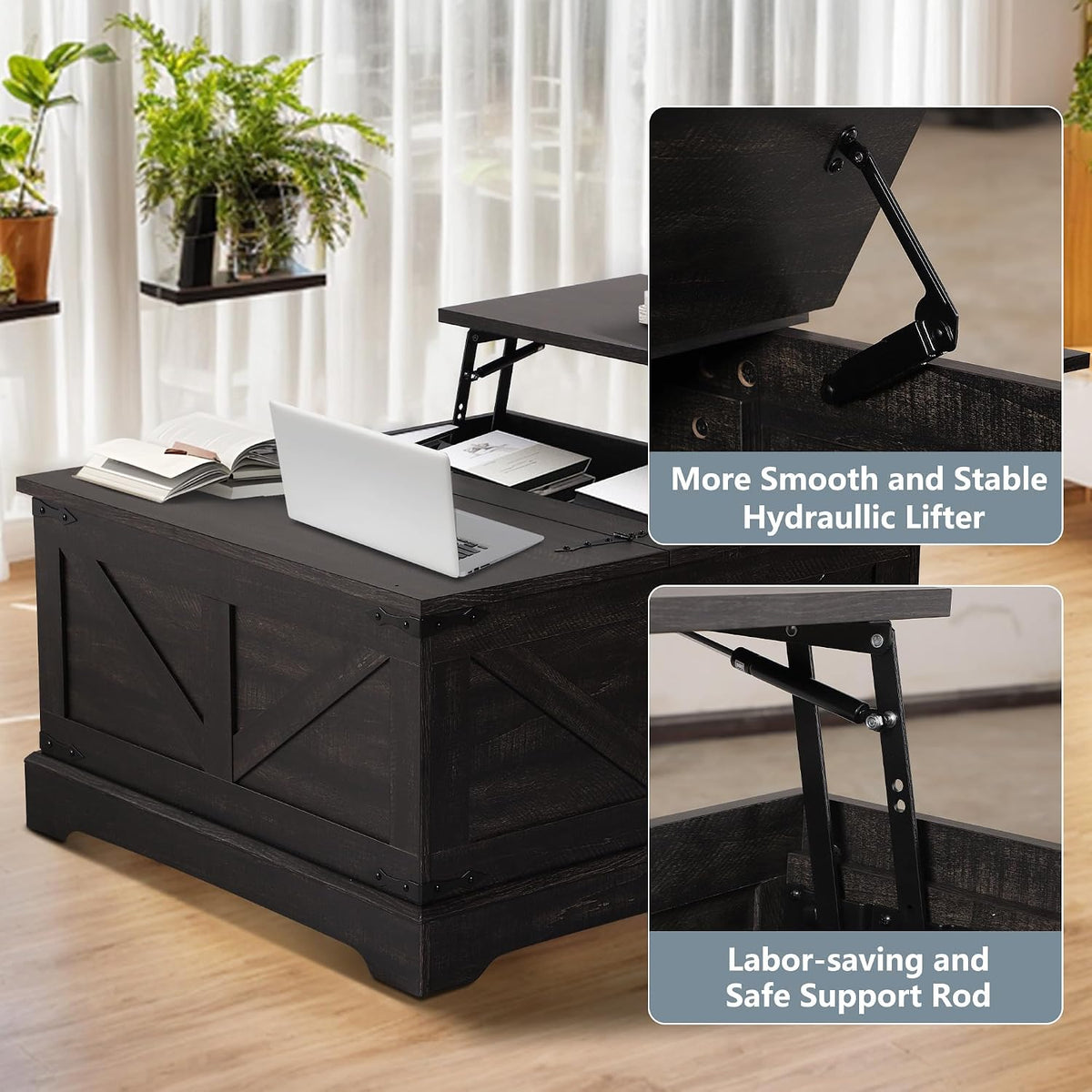 LOUVIXA Farmhouse Lift Top Coffee Table with Hidden Storage Compartment