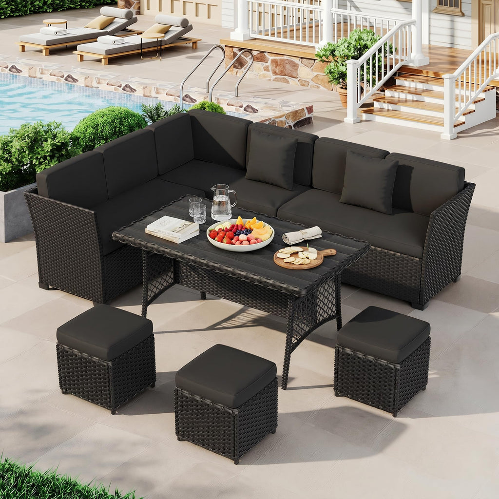 LOUVIXA 7 Pieces Patio Furniture Set, Outdoor Patio Furniture, Wicker Conversation Set with Dining Table, Chairs and Ottoman (6237 Grey-Brown)
